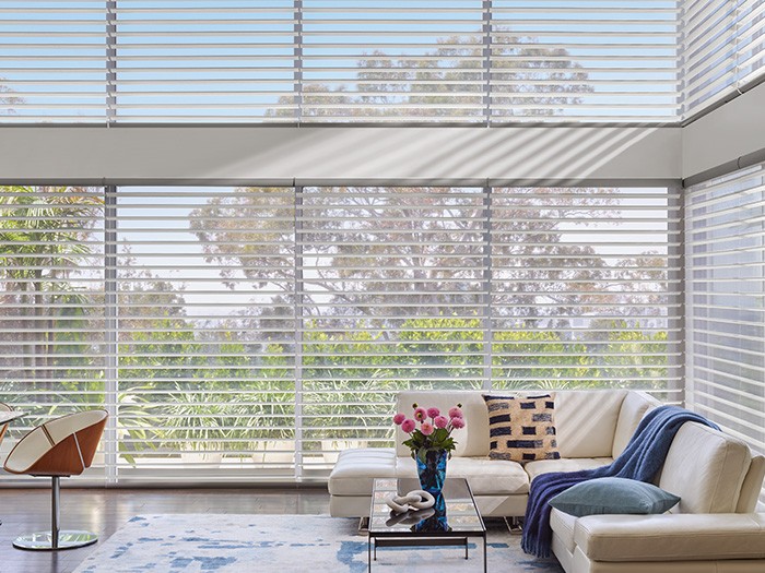 A living room with windows featuring Sihouette® Window Shadings Fabric: Clearview® Mystere™  Color: Galloway